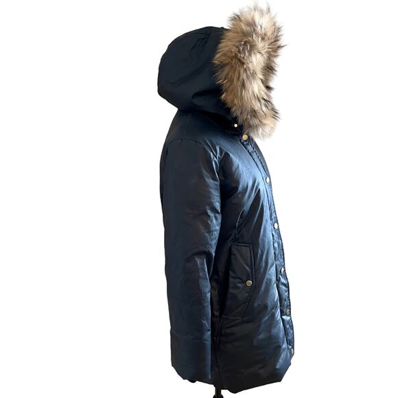 Soia & Kyo Fur Trimmed Waxed Parka Coat Jacket In Navy Indigo Size Small - Picture 3 of 13